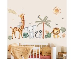 Boho Jungle Dieren Muurstickers - Palmboom Olifant Giraffe Leeuw - 2 Vel 30x90cm - Verwijderbare Wanddecoratie voor Babykamer & Kinderkamer