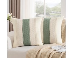 Boho Kussenhoezen 50x50 cm Set van 2, Katoenen Decoratieve Kussens voor Woonkamer, Moderne Farmhouse Stijl, Sage Groene Gewoven Textuur