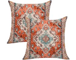 Boho kussensloop 45x45 cm | Rood-oranje fluweel met vintage tapijtpatroon | Dubbelzijdig decoratiekussen voor woonkamer