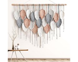 Boho Macramé Blad Wandtapijt met Kwastjes - Roze - Wanddecoratie voor Slaapkamer en Woonkamer - Handgemaakt en Bohemian Chic - Ambachtelijk Ornament - Groot Formaat