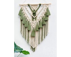 Boho Macramé Wanddecoratie, Handgemaakt Katoenen Wandkleed met Kwastje, Geweven Macramé Wanddecoratie voor het Decoreren van Slaapkamer Woonkamer Appartement Kinderkamer (Groen)
