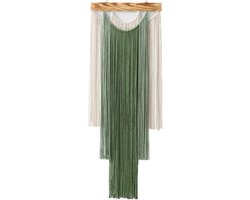 Boho Macramé Wandhanger 40x120 cm - Handgeweven Wandkleed met Houten Stok - Lange Franjes Wanddecoratie voor Woonkamer Slaapkamer Strandhuis - Groen en Ivoor
