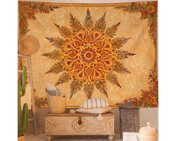Boho Mandala Bloemen Wandtapijt Vintage Boheemse Indiase Wandtapijten voor Slaapkamer Esthetische Retro Oranje Geel Bloemen Wandtapijt Wanddecoratie voor Slaapzaal Woonkamer Decor 150*130cm