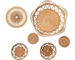 Boho Muur Mand - Rotan Geweven Decor - Wand Decoratie - Natuurlijke Textuur - 6 Stuks Set - Kaki