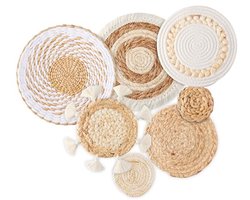 Boho Muurmanden Set van 7 - Handgemaakte Ronde Wanddecoratie van Rotan en Zeegras voor Rustieke Interieurs