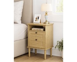 Boho nachtkastje beige – met 1 lade en open opbergruimte, stijlvol voor slaapkamer of woonkamer