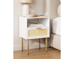 Boho nachtkastje, kleine rotan bijzettafel met lade en eiken rek voor slaapkamer, woonkamer, kantoor, wit