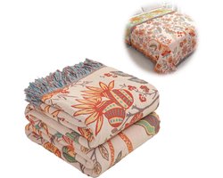 Boho plaid voor bank en bed - 100% katoen - zachte rustieke deken - Superzachte - landelijke decoratie - omkeerbare deken - geschikt voor alle seizoenen - voor bank, fauteuil (150 x 200 cm, bloemenprint)