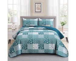 Boho Quiltset Kingsize 3-delig Turquoise Bloemen Plaid - Lichtgewicht Microvezel Beddengoed