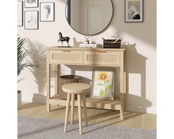 Boho rotan consoletafel met 2 lades en open plank – rustieke houten haltafel, vintage haltafel met opbergruimte, landelijke bijzettafel voor woonkamer en hal – eikenhouten afwerking HomeByNicole