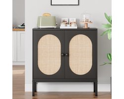 Boho Rotan Dressoir - Houten Opbergkast met Deuren en Verstelbare Planken - Vakkenkast voor Woonkamer & Hal - Zwart / Houtlook - 80 cm breed
