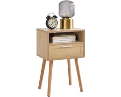 Boho rotan nachtkastje met lade - open plank en poten - houten accent - voor slaapkamer en woonkamer - WNS009N