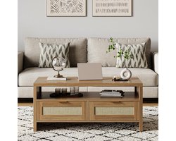 Boho Rotan Salontafel Natuurlijke houtkleur | Met 2 lades en opbergruimte, Modern Ontwerp | Voor Woonkamer Thuis 102 x 50 x 45 cm