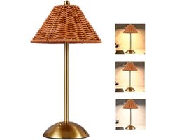 Boho Rotan Tafellamp Draadloos - Oplaadbaar Nachtlampje - 3 Kleuren Traploos Dimbaar - Bamboe Look - USB-C - Sfeerverlichting voor Slaapkamer & Buiten