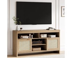 Boho rotan tv-meubel-voor tv's tot 65 inch-met 2 verstelbare planken-schuifdeuren van rotan en verborgen opbergruimte-massief houten poten voor woonkamer-bruin