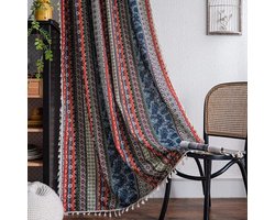 Boho semi-verduisterende gordijnen, kleurrijke strepen met kwastjes als decoratief raamdecoratie, 2-delige gordijnen met roedezakken voor woonkamer en toilet