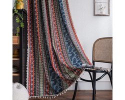 Boho semi-verduisterende gordijnen, kleurrijke strepen met kwastjes als decoratief raamdecoratie, 2-delige gordijnen met roedezakken voor woonkamer en toilet, 149 x 199 cm, roodblauw