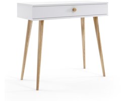 BOHO Sidetable / Wandtafel Wit – 80 cm Hoog – Met Lade en Open Opbergvak – Massief Houten Poten – Jute Handgreep – Licht, Praktisch en Stijlvol – Voor Hal, Slaapkamer of Kantoor – Bohemian Design – Europese Kwaliteit