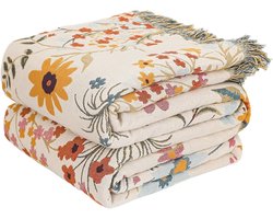 Boho-sprei- 100% katoen- dubbelzijdige decoratieve lentesprei met franjes- voor het hele jaar door bruikbaar- mousseline deken met prachtig bloemenpatroon- geschikt voor eenpersoonsbed- 150 x200cm