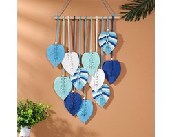 Boho-stijl wandkleed met bladmotief – handgemaakte wanddecoratie in de vorm van een veer, geschikt voor slaapkamers, woonkamers en appartementen (blauw)