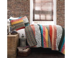 Boho Stripe Omkeerbare Katoenen Quilt Set - 3-delig, King, Turquoise & Mandarijn