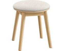 Boho Style Dressing Kruk - Crème Wit Eiken Beige - Ronde Poef - Rubber Houten Boucle Stof - 37cm x 37cm x 43cm