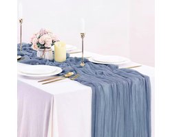 Boho Tafelkleed in Grijsblauw, Lange Tafeldoek voor Bruiloft, Diner en Feest, Romantische Tafelversiering, Blauw Tafelkleed met Decoratieve Loop, Lichtblauw Design