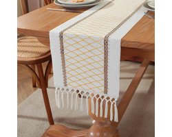 Boho Tafelkleed met Kwastjes van Katoen en Linnen, Rustieke Decoratie voor Bruiloften en Eetkamers, Geel Ruitpatroon 30x180cm