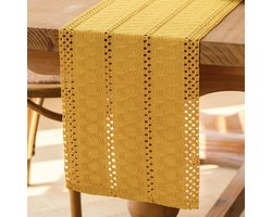 Boho tafelloper geel macramé - decoratie voor tafel - 30 x 140 cm - katoen linnen