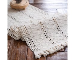Boho tafelloper voor op tafel - Beige/creme - Macrame tafelkleed in Ibiza stijl - Geweven tafelkleed met kwastjes - Voor tafeldecoratie - 180 cm