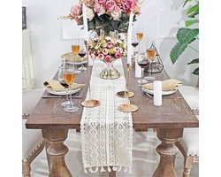 Boho tafelloper voor op tafel - Beige/creme - Macrame tafelkleed in Ibiza stijl - Geweven tafelkleed - Voor tafeldecoratie - 180 cm