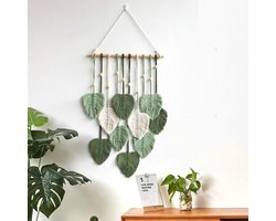 Boho Tapestry Macrame Wanddecoratie - Handgemaakte geweven decoratie met gevlochten bladeren en kwastjes - Wanddecoratie voor slaapkamer, kinderkamer of appartement - Groen 100 cm