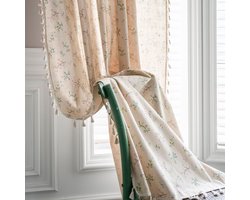 Boho verduisteringsgordijn - Beige katoen-linnen met macramé, franjes, haakwerk en verticale strepen - 1 stuk - Geschikt voor woonkamer, slaapkamer en eetkamer