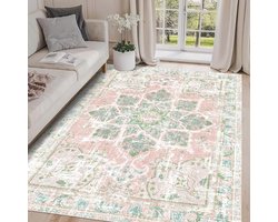 Boho Vloerkleed Vintage Wasbaar Antislip Tapijt voor Kinderkamer en Woonkamer - Neutraal Stoffig Roze en Groen 5x7 cm