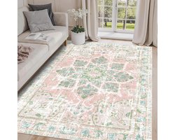 Boho Vloerkleed Vintage Wasbaar Antislip Tapijt voor Kinderkamer en Woonkamer - Neutraal Stoffig Roze en Groen 5x7 cm