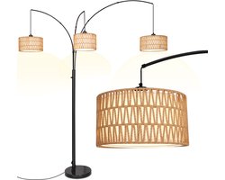 Boho Vloerlamp- Rotan Staande Lamp - Industriele Booglamp -Woonkamer/Slaapkamer/Kantoor Verlichting - Arched Leeslamp met Oogbescherming- Zwarte
