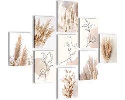 Boho Wanddecoratie: Compleet Ophangbaar met Pampasgras Motieven voor Woonkamer en Slaapkamer - Set van 9 Moderne Mood-Afbeeldingen - Canvas Set 9 stuks