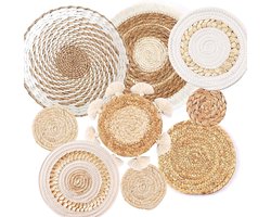 Boho wandmand - Geweven wanddecoratie - Handgemaakt van zeegras en rotan voor rustieke wandkunst - 9 stuks - Voor woonkamer en slaapkamer in natuurlijke kleur
