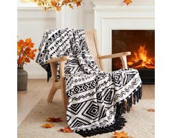Boho Woondeken Zwart Wit met Franje - Decoratieve Plaid voor Bed, Bank of Stoel
