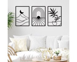 Boho zwarte metalen wanddecoratie voor de woonkamer, abstracte minimalistische slaapkamerwandkunst, moderne 3D-wandsculpturen, zwart-wit ingelijste afbeeldingen, 3 stuks