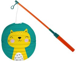 Bol lampion kat/poes - blauw - 22 cm - papier - met lampionstokje - 40 cm