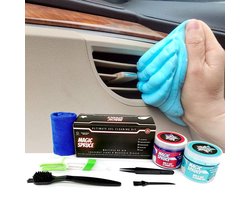 Bol.com Titel: Auto Reinigingsgel Set - 2 Potten Reinigingsgel, 3 Antistatische Borstels, Microvezeldoek en Vorkborstel voor Ventilatieopeningen - Geparfumeerd, Herbruikbaar, Veilig voor Auto-interieur, Toetsenborden en Elektronische Apparaten