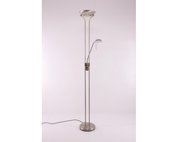 Bold Light zilver rvs kleur vloerlamp uplighter + leesarm 18W + 5W LED dimbaar 2700 K – moderne staande lamp voor woonkamer / leeshoek