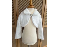 Bolero meisjes-luxe feestjasje-imitatie bontjas-effen vest-prinsessen jas-kunstbont- zacht imitatiebont-nep bont-lange mouwen-korte vestje-bruidsmeisjes-bloemenmeisjes-communie-trouwfeest-bruiloft-fotoshoot-kleur wit- 6-7 jaar