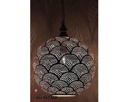 Bollamp Koraa zilver met waaier patroon- Ø 35 cm - Zilver - Handgemaakt - Authentiek - Arabische - Egyptische - Marokkaanse - Oosterse Lampen - Maat XL