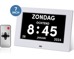 BOLLIT Dementieklok - 7 inch display - Wit - Met afstandsbediening - Digitaal - Klok met datum - Medicatiealarm - Dementie klok - Dementieklokken - Dementieklokken digitaal - Alzheimer - Dementiekalenderklok - Klok digitaal - Wandklok - Kalenderklok