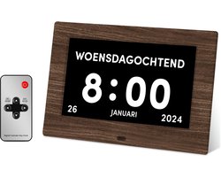 BOLLIT Digitale Dementieklok - Kalenderklok voor Ouderen - Alzheimer - 7 Inch BRUIN - Alarmfunctie