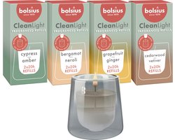 Bolsius - CleanLight - Grijs - Houder en navulbare Geurkaarsen - Starterkit - Met 9 gegeurde Refills