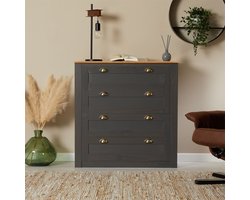 BOLTON ladekast met 4 laden, gemaakt van massief grenen in antraciet/bruin, met metalen schaalgrepen