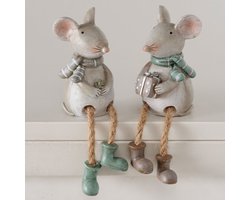 Boltze - Decoratie beeldjes - Muisjes - Bungelbenen - Set van 2 - Mausi - Polyresin - Groen/bruin - 16x7cm